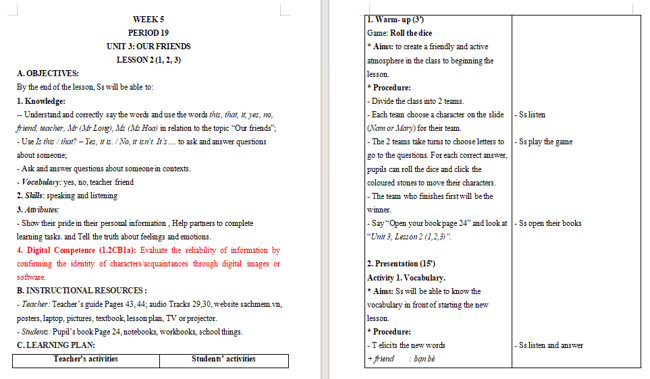 Giáo án tích hợp NLS Tiếng Anh 3 Unit 3: Lesson 2