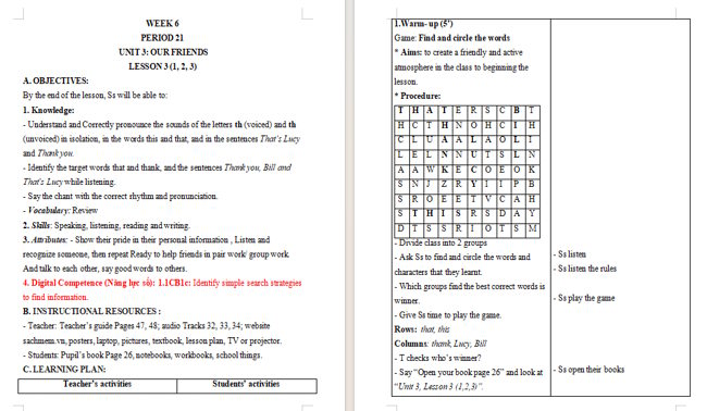 Giáo án tích hợp NLS Tiếng Anh 3 Unit 3: Lesson 3