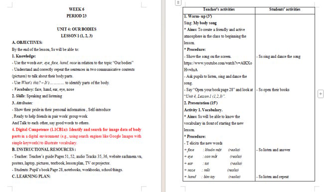 Giáo án tích hợp NLS Tiếng Anh 3 Unit 4: Lesson 1