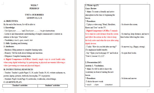 Giáo án tích hợp NLS Tiếng Anh 3 Unit 4: Lesson 2