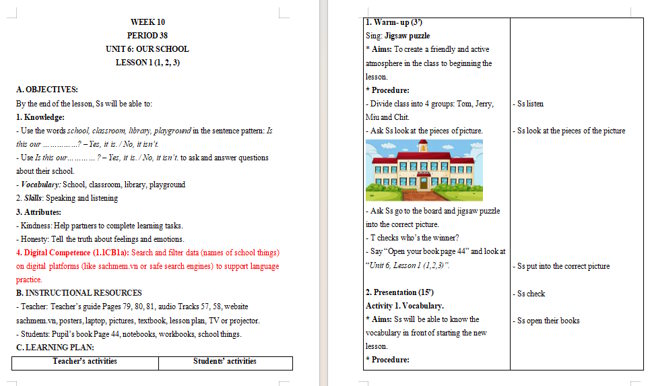 Giáo án tích hợp NLS Tiếng Anh 3 Unit 6: Lesson 1