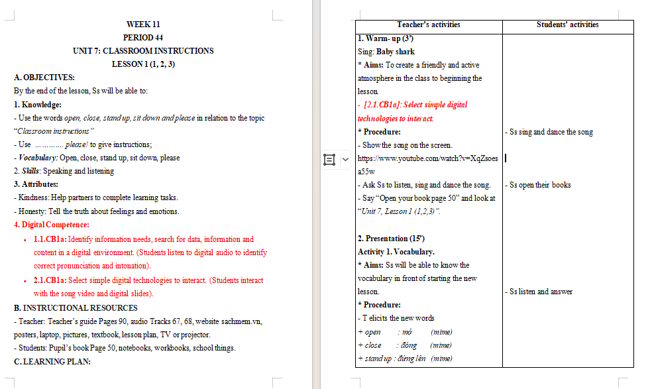 Giáo án tích hợp NLS Tiếng Anh 3 Unit 7: Lesson 1