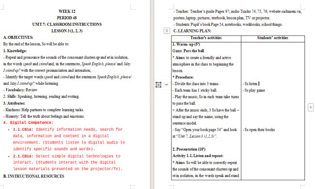 Giáo án tích hợp NLS Tiếng Anh 3 Unit 7: Lesson 3