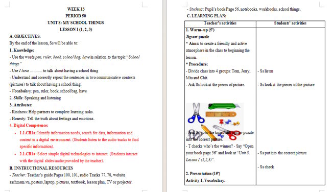 Giáo án tích hợp NLS Tiếng Anh 3 Unit 8: Lesson 1