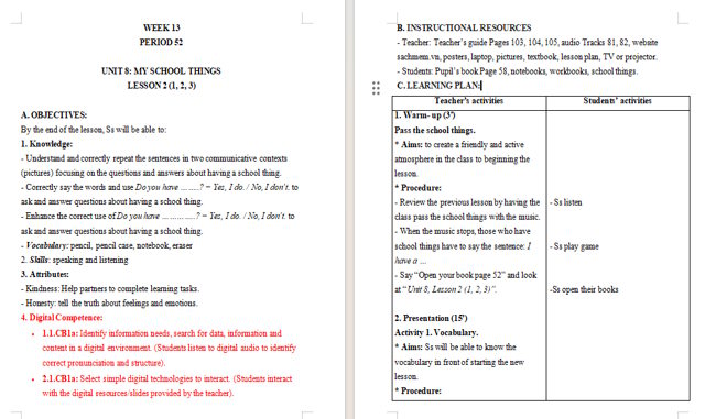 Giáo án tích hợp NLS Tiếng Anh 3 Unit 8: Lesson 2