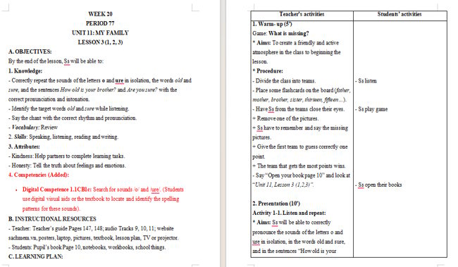 Giáo án tích hợp NLS Tiếng Anh 3 Unit 11: Lesson 3