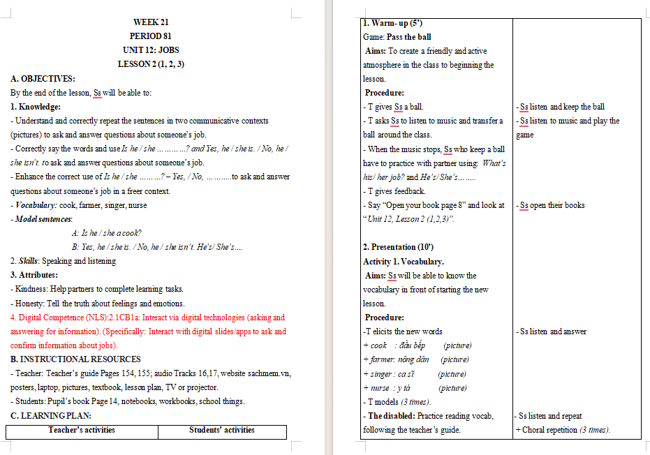 Giáo án tích hợp NLS Tiếng Anh 3 Unit 12: Lesson 2