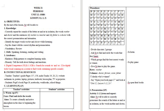 Giáo án tích hợp NLS Tiếng Anh 3 Unit 12: Lesson 3