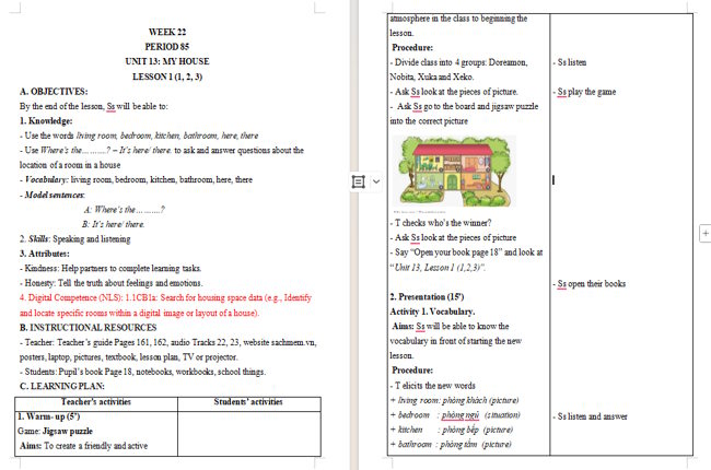 Giáo án tích hợp NLS Tiếng Anh 3 Unit 13: Lesson 1