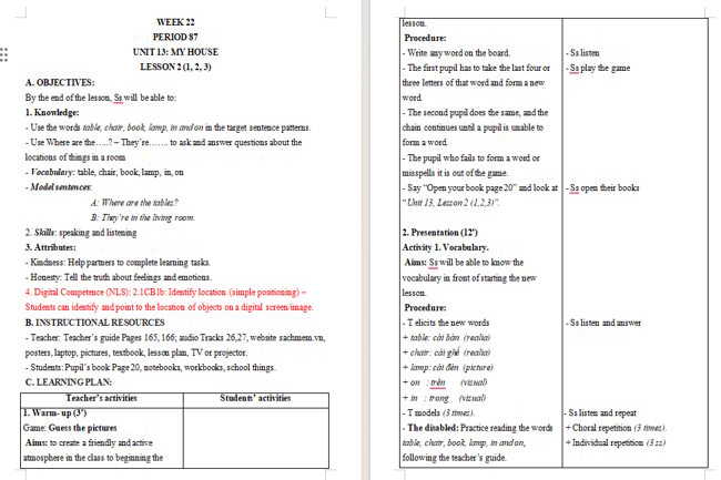 Giáo án tích hợp NLS Tiếng Anh 3 Unit 13: Lesson 2