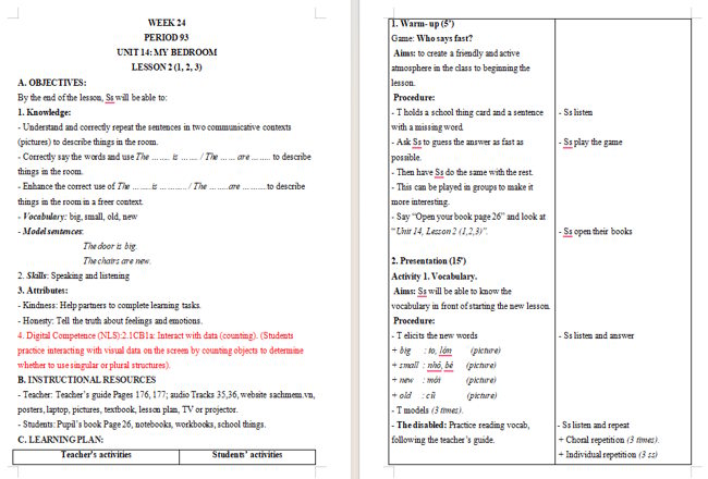 Giáo án tích hợp NLS Tiếng Anh 3 Unit 14: Lesson 2