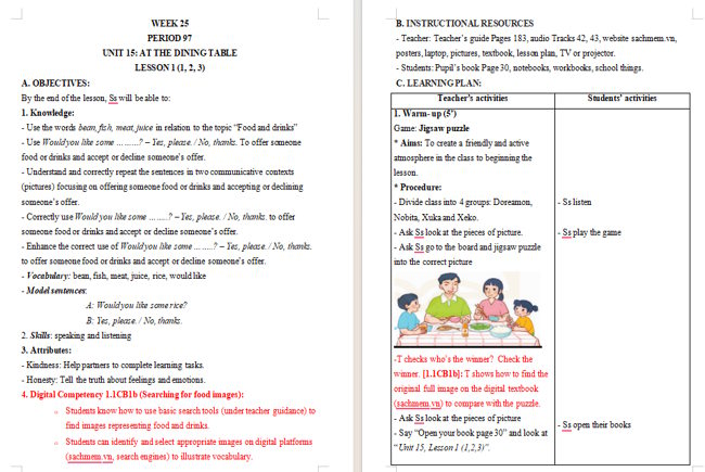 Giáo án tích hợp NLS Tiếng Anh 3 Unit 15: Lesson 1