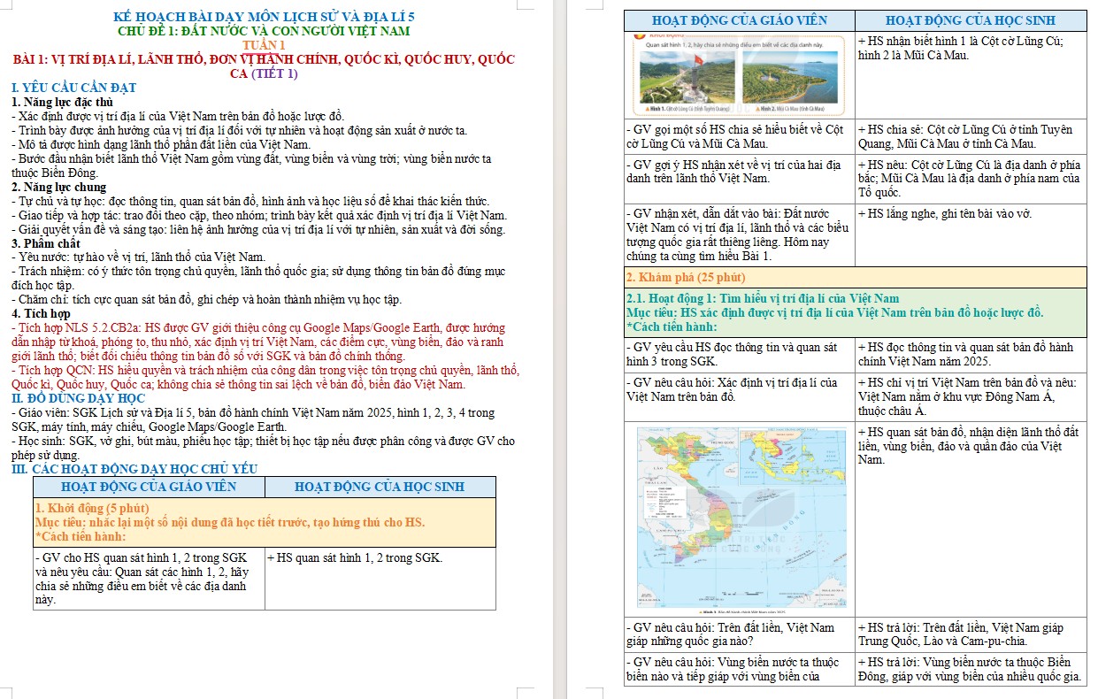 Kế hoạch bài dạy Lịch sử Địa lí 5 Bài 1 NLS, AI