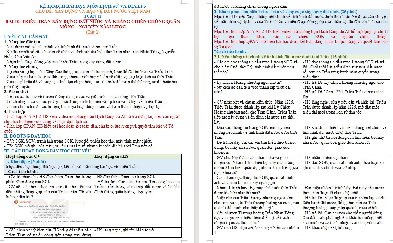 Kế hoạch bài dạy Lịch sử Địa lí 5 Bài 10 NLS, AI