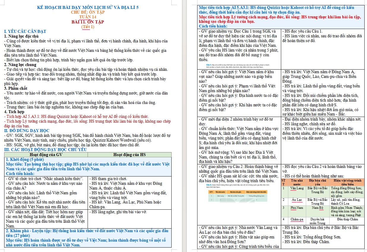 Kế hoạch bài dạy Lịch sử Địa lí 5 Bài 11 NLS, AI