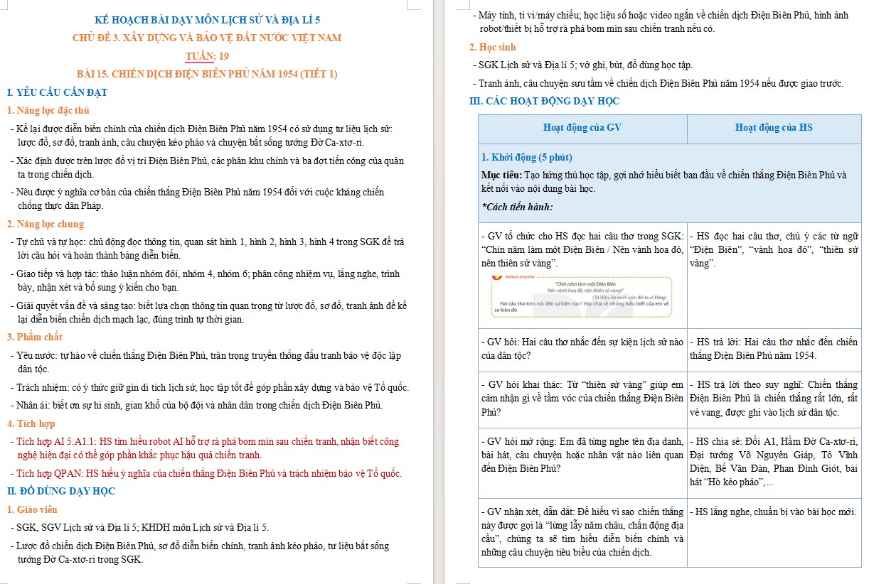 Kế hoạch bài dạy Lịch sử Địa lí 5 Bài 15 NLS, AI
