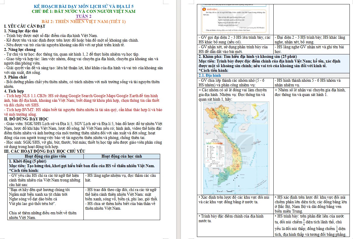 Kế hoạch bài dạy Lịch sử Địa lí 5 Bài 2 NLS, AI