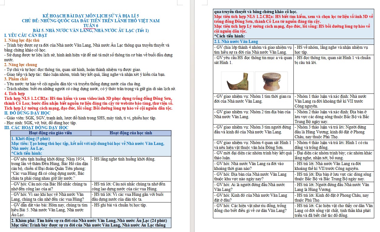 Kế hoạch bài dạy Lịch sử Địa lí 5 Bài 5 NLS, AI