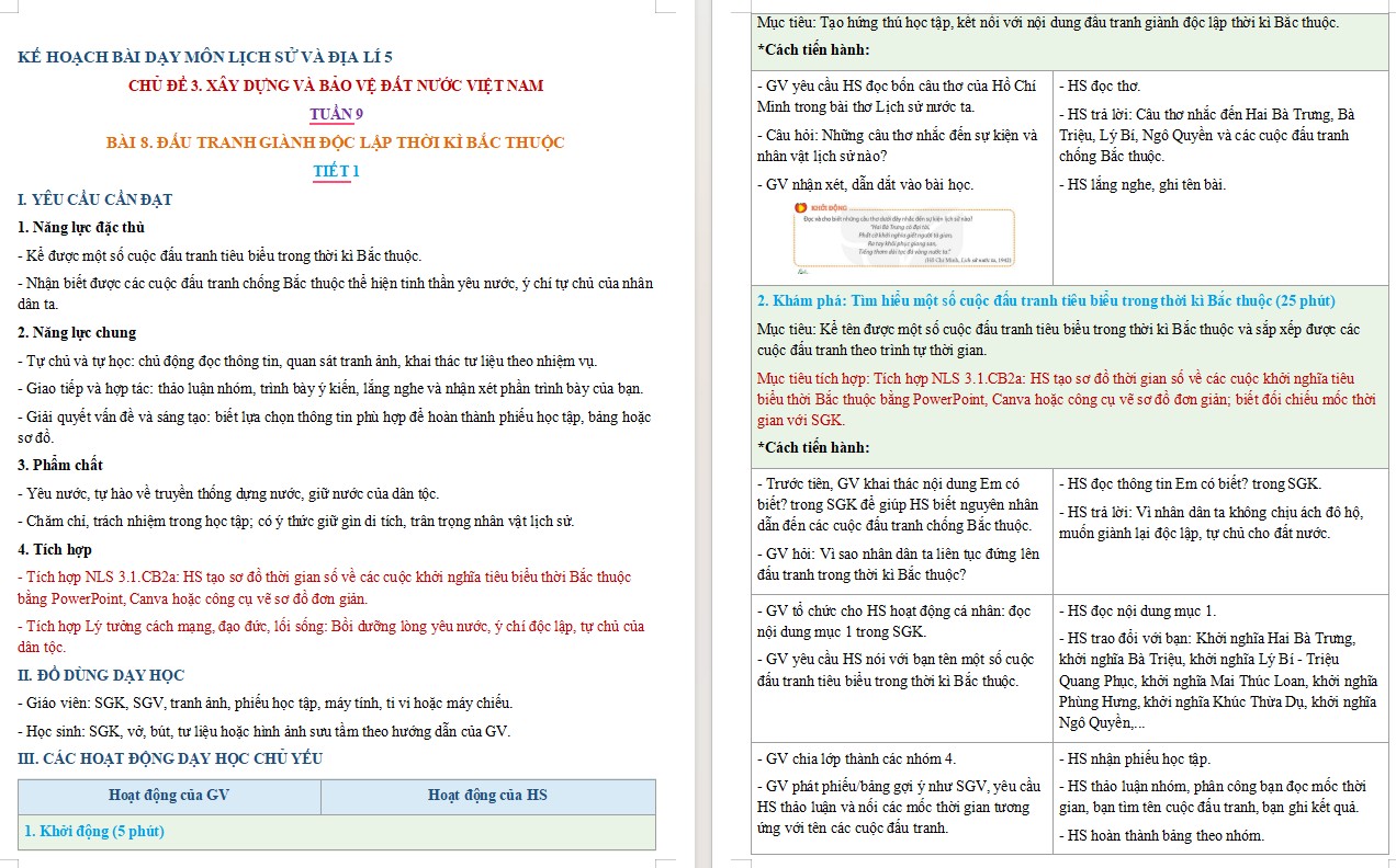 Kế hoạch bài dạy Lịch sử Địa lí 5 Bài 8 NLS, AI