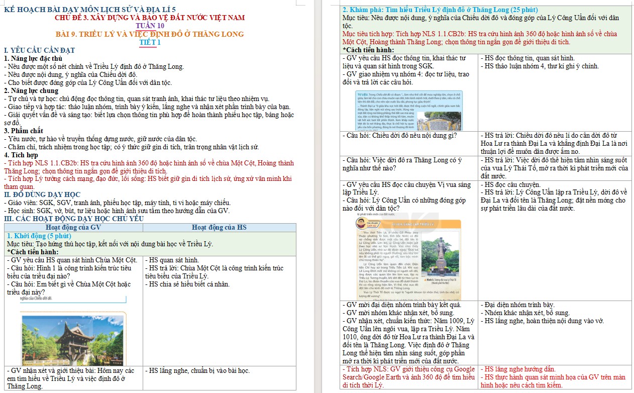 Kế hoạch bài dạy Lịch sử Địa lí 5 Bài 9 NLS, AI
