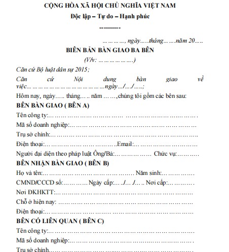 Mẫu biên bản bàn giao ba bên