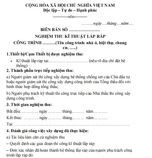 Mẫu biên bản nghiệm thu kỹ thuật lắp ráp