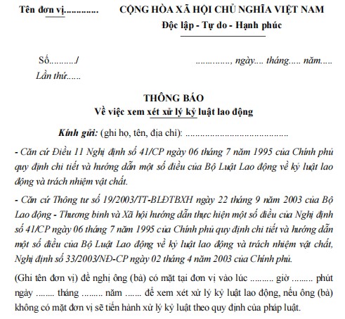 Mẫu thông báo về việc xem xét xử lý kỷ luật lao động
