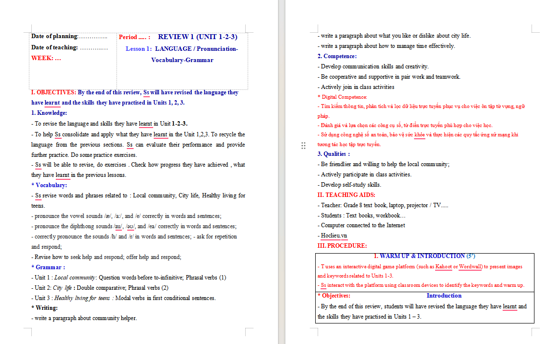 Giáo án tích hợp NLS Tiếng Anh 9 Review 1 Language