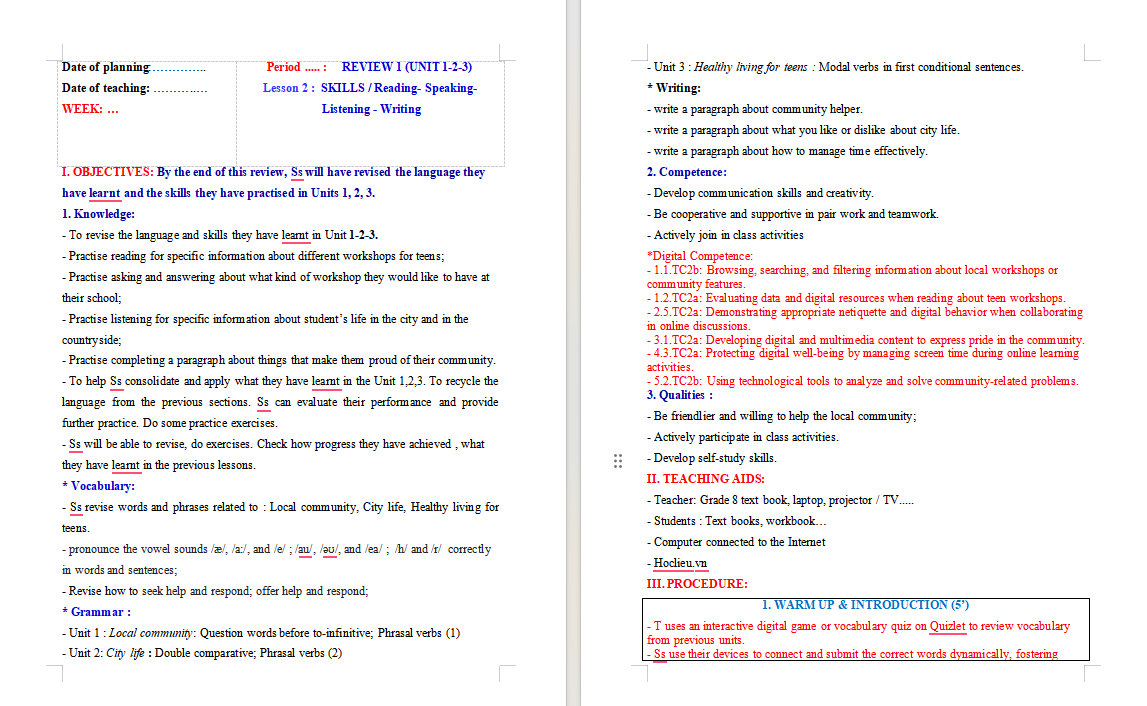 Giáo án tích hợp NLS Tiếng Anh 9 Review 1 Skills