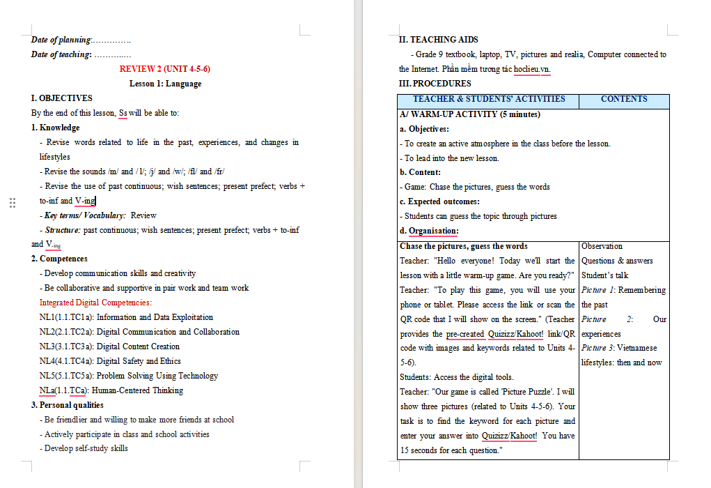 Giáo án tích hợp NLS Tiếng Anh 9 Review 2 Language