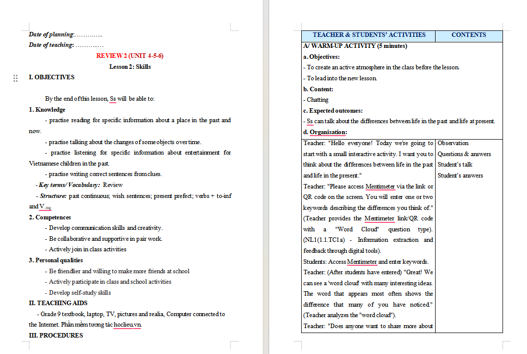 Giáo án tích hợp NLS Tiếng Anh 9 Review 2 Skills