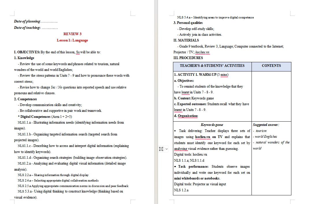 Giáo án tích hợp NLS Tiếng Anh 9 Review 3 Language