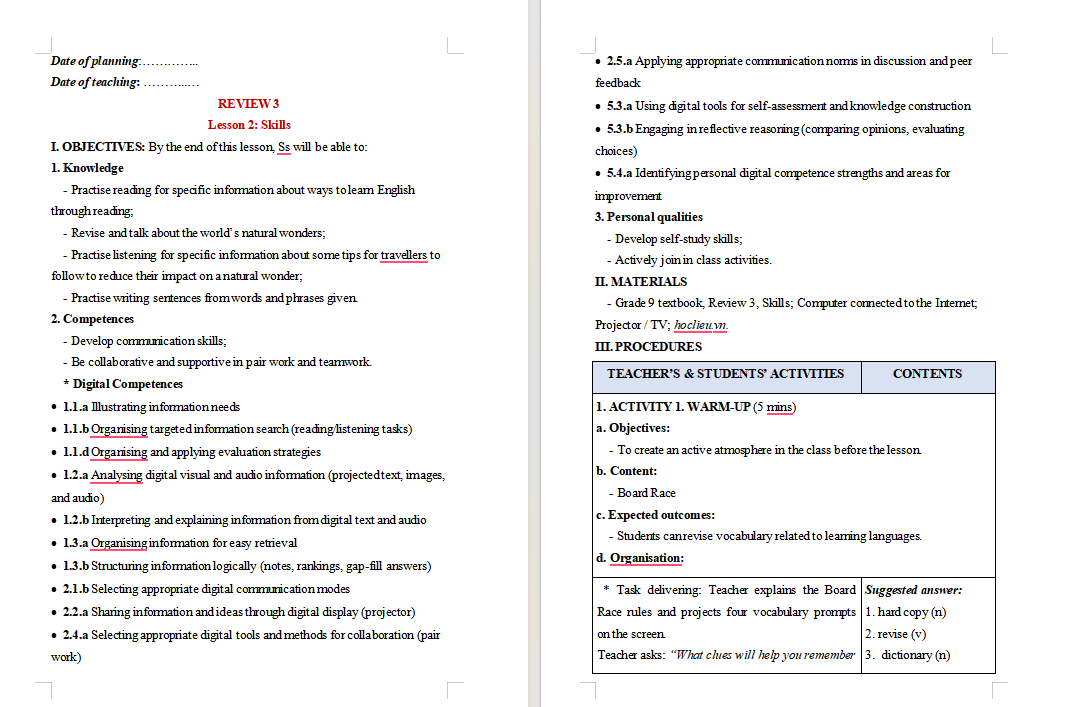 Giáo án tích hợp NLS Tiếng Anh 9 Review 3 Skills