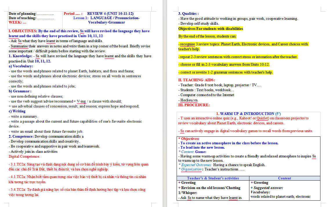 Giáo án tích hợp NLS Tiếng Anh 9 Review 4 Language