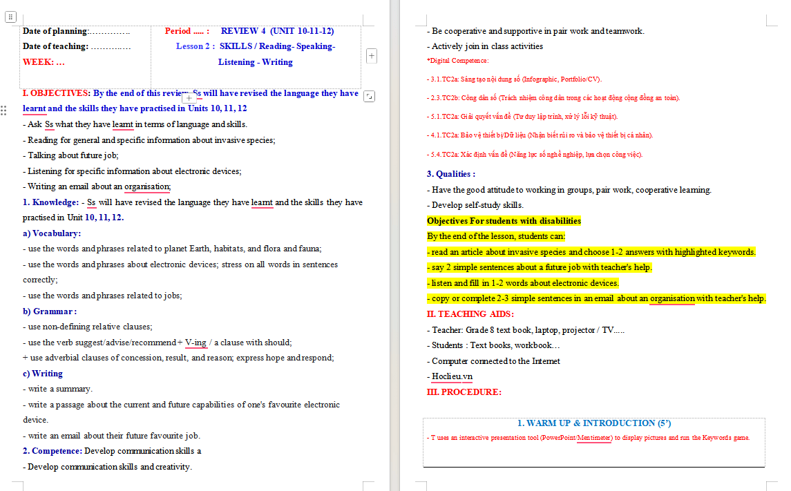 Giáo án tích hợp NLS Tiếng Anh 9 Review 4 Skills