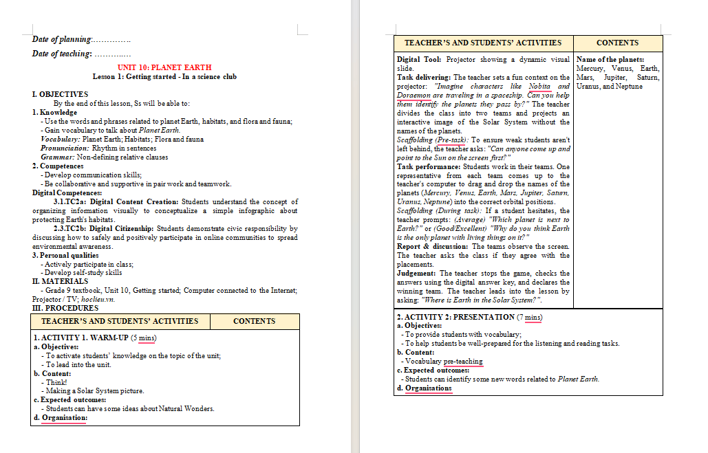 Giáo án tích hợp NLS Tiếng Anh 9 Unit 10 Getting-Started