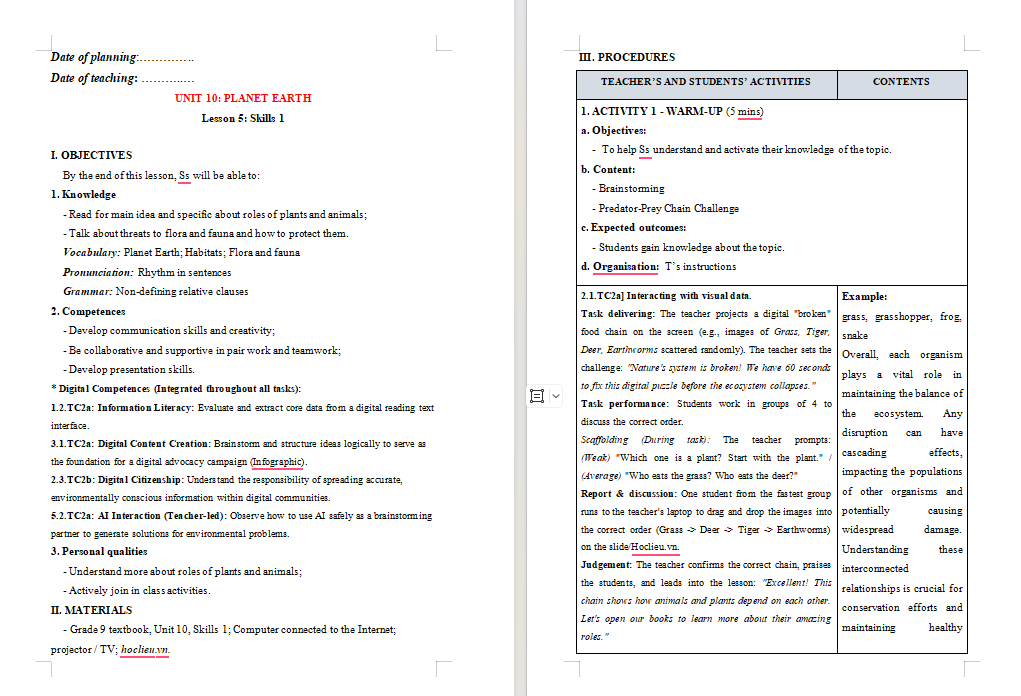 Giáo án tích hợp NLS Tiếng Anh 9 Unit 10 Skills 1