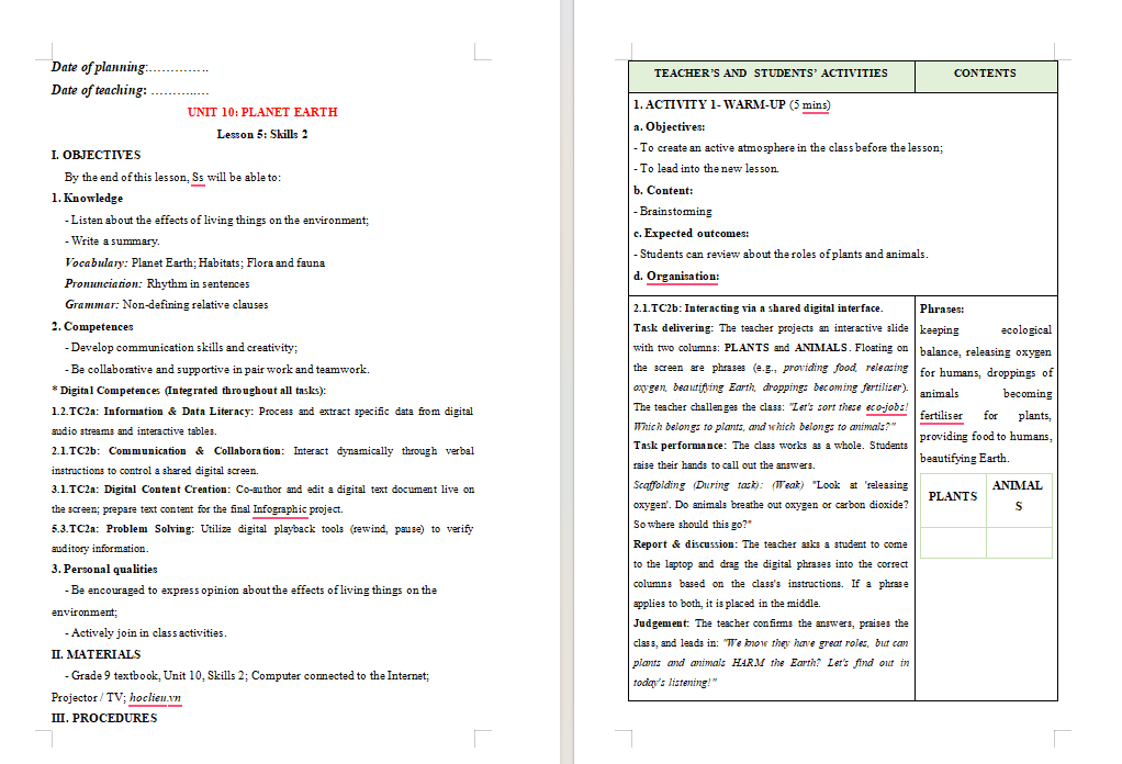 Giáo án tích hợp NLS Tiếng Anh 9 Unit 10 Skills 2