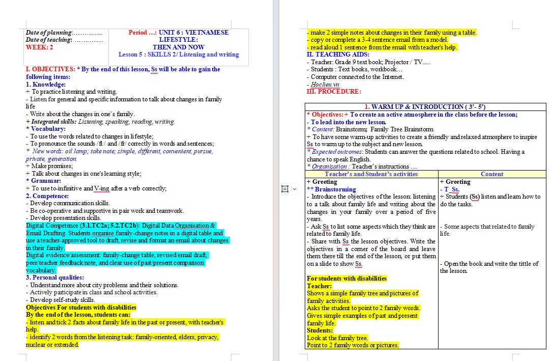 Giáo án tích hợp NLS Tiếng Anh 9 Unit 6 Skills 2
