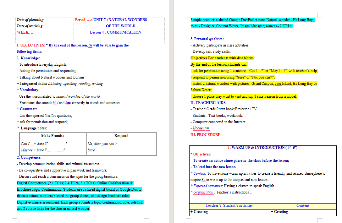 Giáo án tích hợp NLS Tiếng Anh 9 Unit 7 Communication