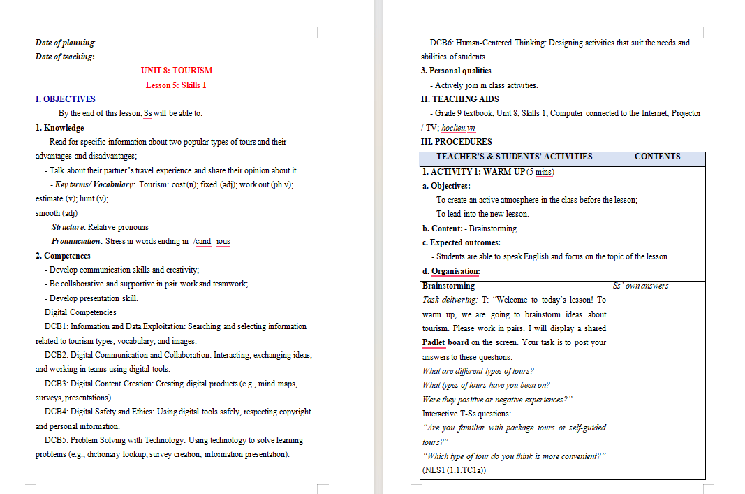Giáo án tích hợp NLS Tiếng Anh 9 Unit 8 Skills 1