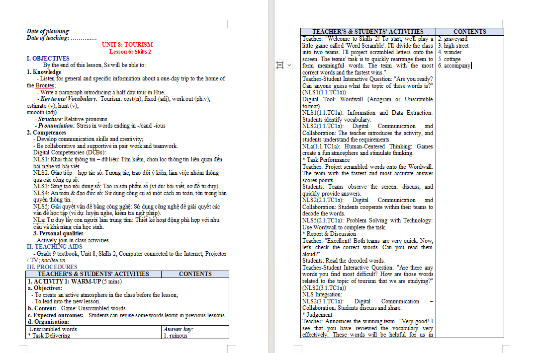 Giáo án tích hợp NLS Tiếng Anh 9 Unit 8 Skills 2
