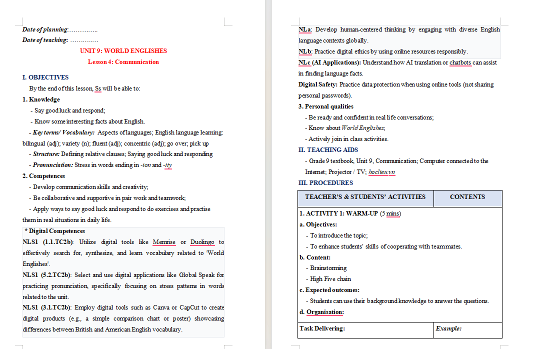 Giáo án tích hợp NLS Tiếng Anh 9 Unit 9 Communication
