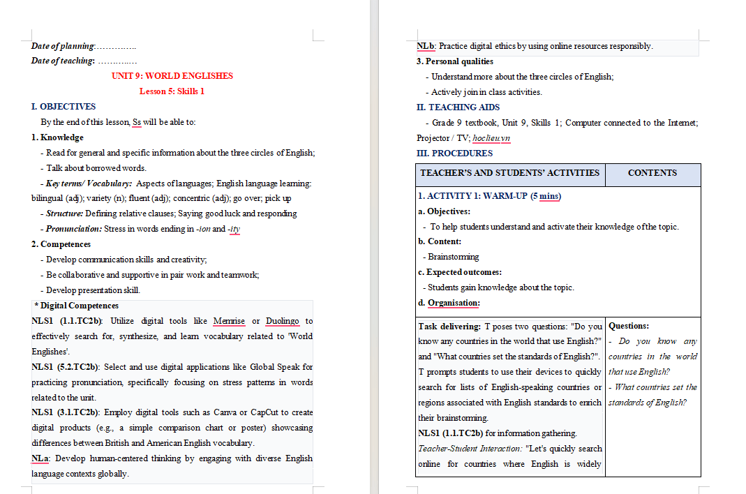 Giáo án tích hợp NLS Tiếng Anh 9 Unit 9 Skills 1