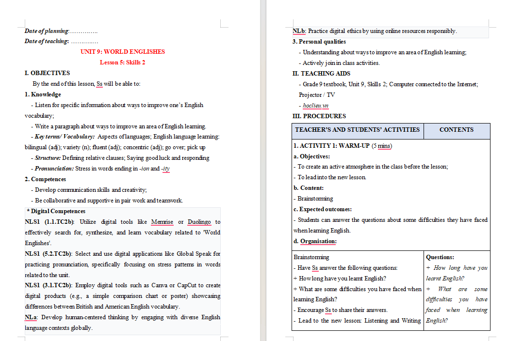 Giáo án tích hợp NLS Tiếng Anh 9 Unit 9 Skills 2