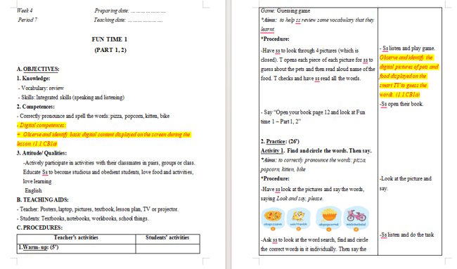 Giáo án tích hợp NLS Tiếng Anh 2: Fun time 1