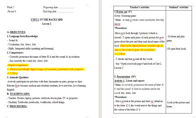 Giáo án tích hợp NLS Tiếng Anh 2 Unit 2: Lesson 1