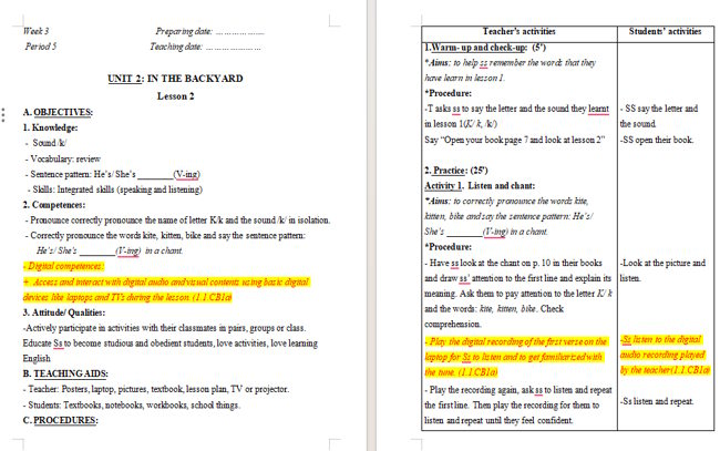 Giáo án tích hợp NLS Tiếng Anh 2 Unit 2: Lesson 2