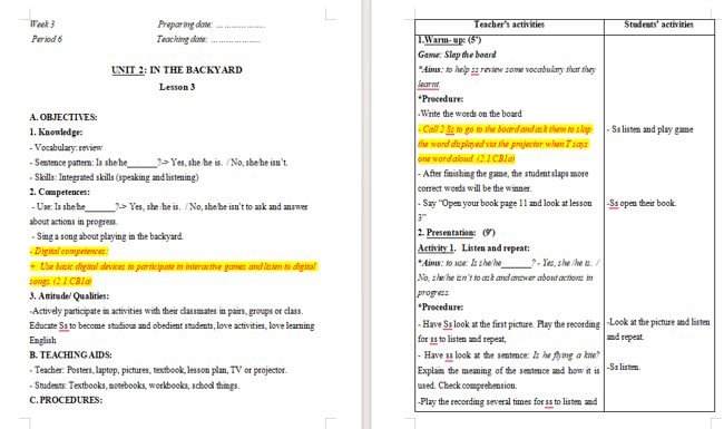 Giáo án tích hợp NLS Tiếng Anh 2 Unit 2: Lesson 3