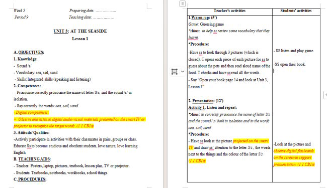 Giáo án tích hợp NLS Tiếng Anh 2 Unit 3: Lesson 1